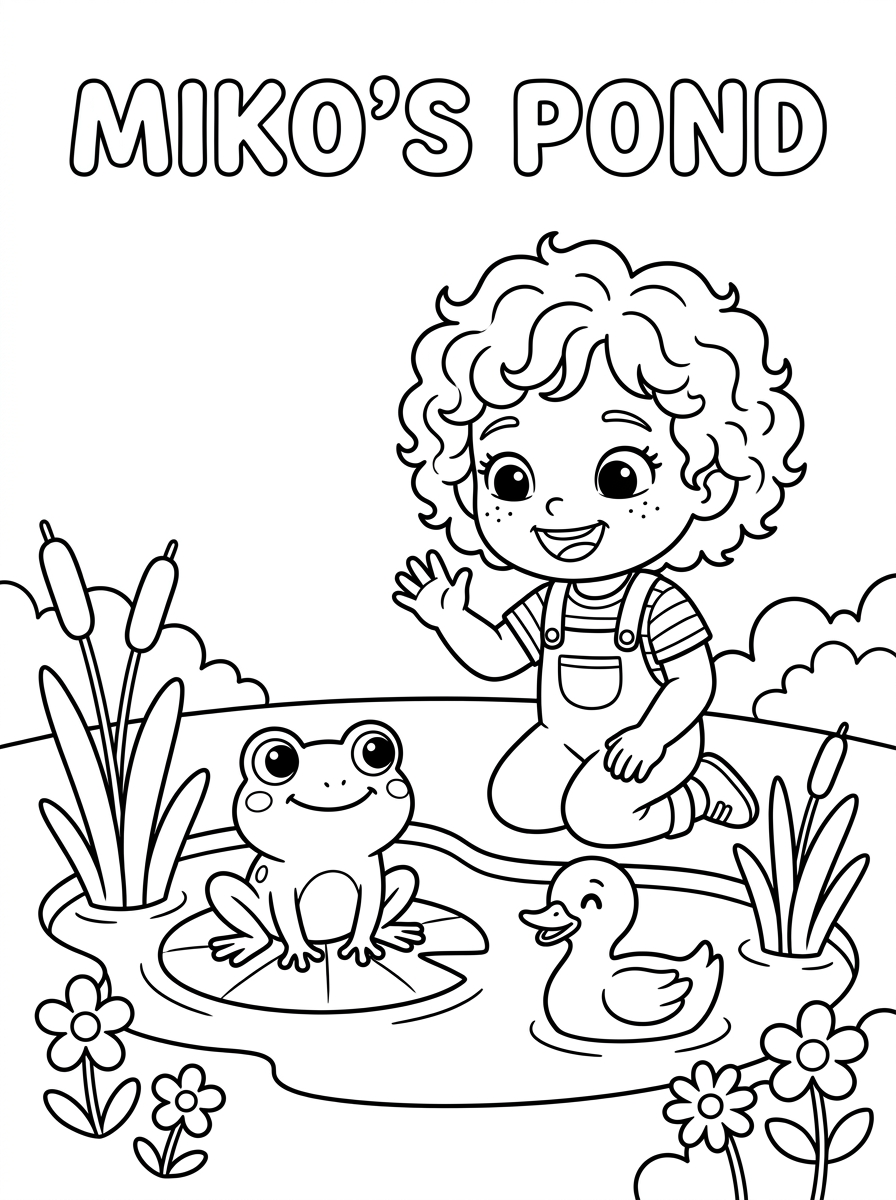 Miko and the frog colouring page line art