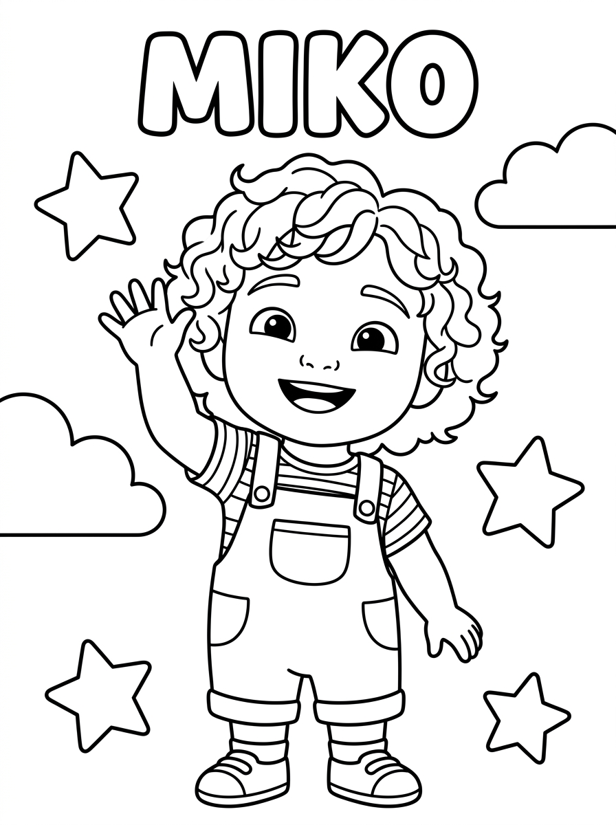 Miko waving colouring page line art