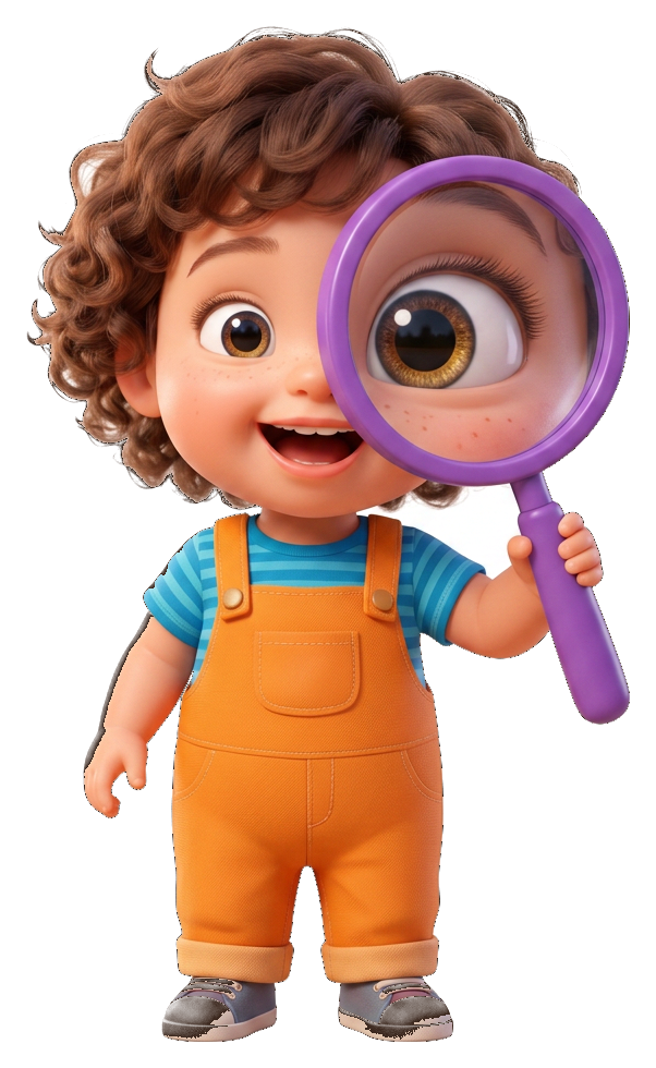 Miko holding his oversized purple magnifying glass